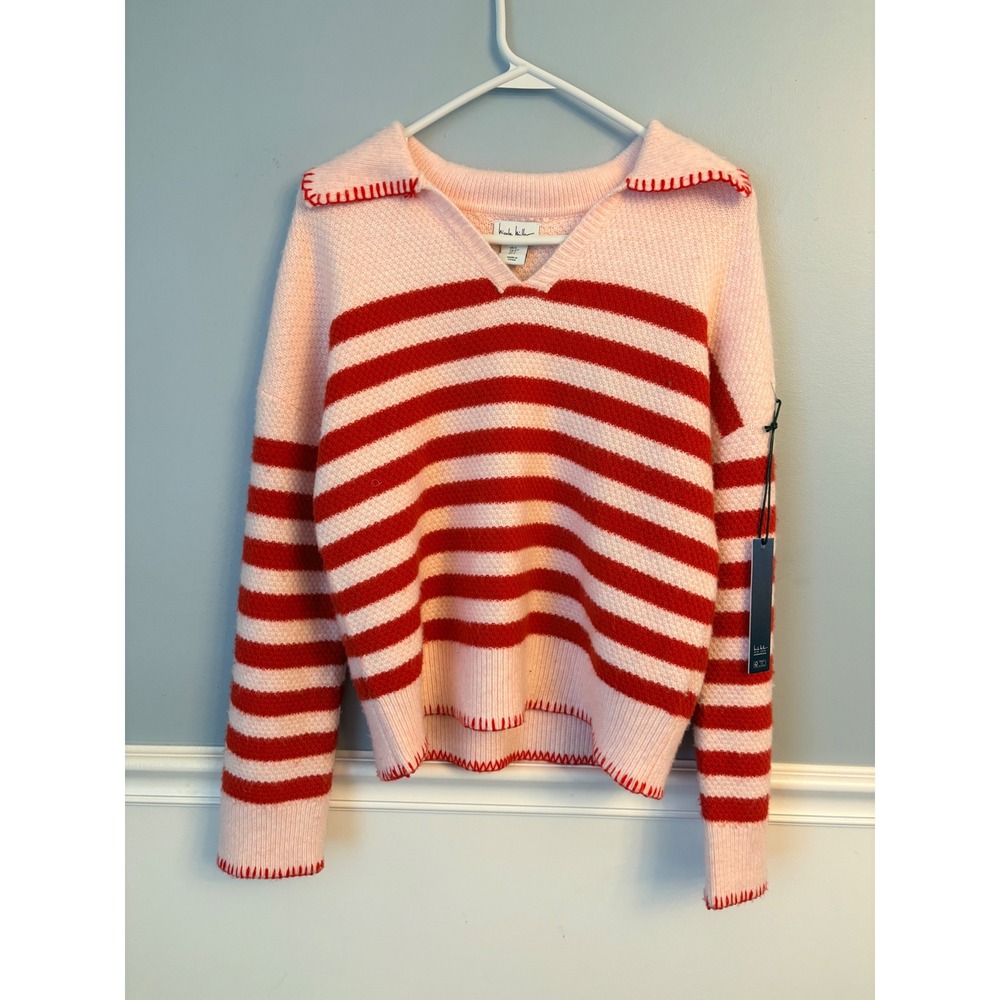 Nicole Miller Pink Red Striped Preppy Fisherman Polo Sweater Long sleeve NWT S